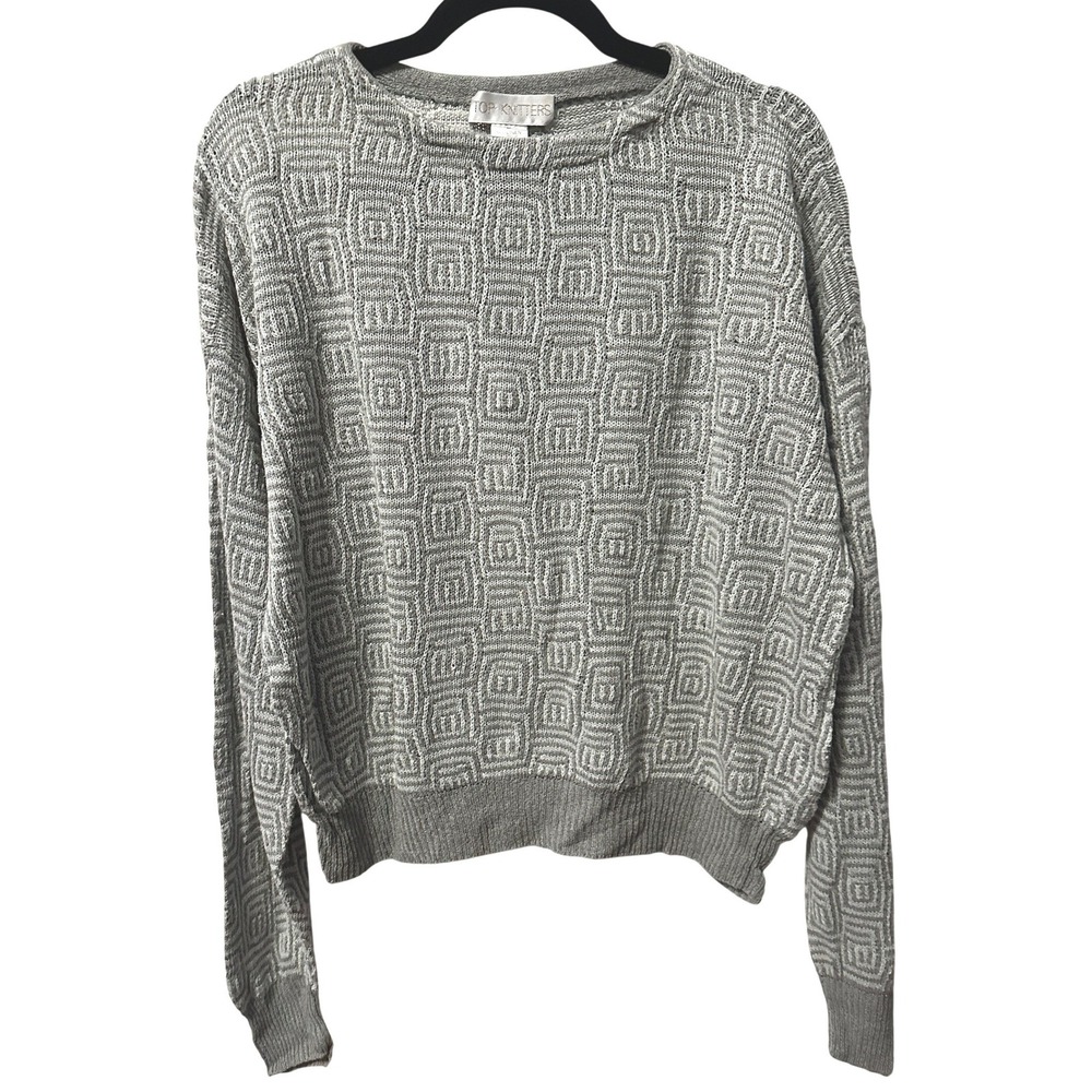 Top Knitters Vintage Grey Linen Silk Geometric Sweater M Old Money Quiet Luxury